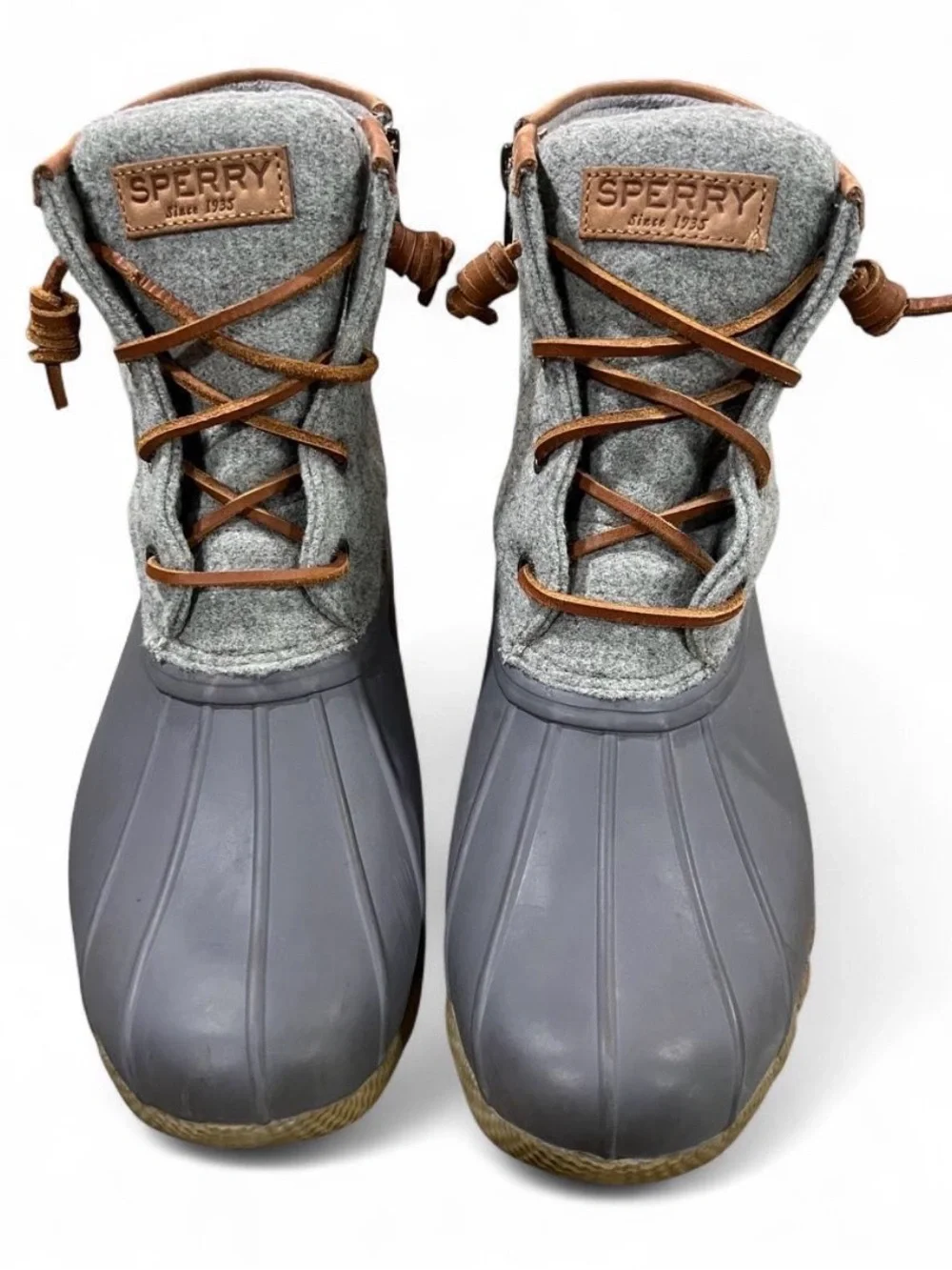 Sperry Gray Wool-Trim Lace-Up Boots with Tan Leather Laces